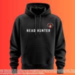 Front view of black Head Hunter hoodie with skull logo and text design — customizable with name or logo.