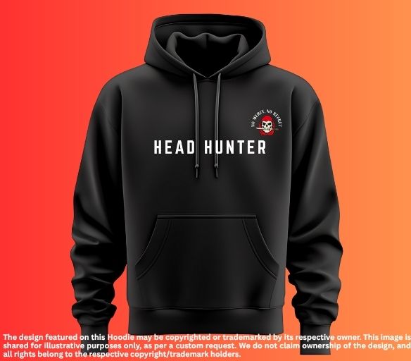 Front view of black Head Hunter hoodie with skull logo and text design — customizable with name or logo.