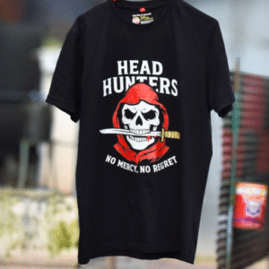100% cotton double bio-washed custom t-shirt with "HEAD HUNTERS – No Mercy No Regret" skull design on front and personalized name with rifle print on back.