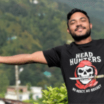 100% cotton double bio-washed custom t-shirt with "HEAD HUNTERS – No Mercy No Regret" skull design on front and personalized name with rifle print on back.