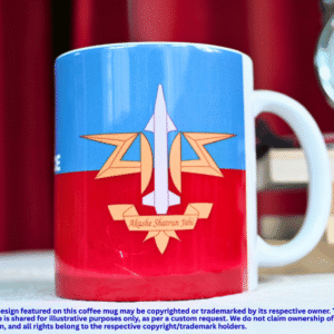 Illustration of custom coffee mug with Army Air Defence logo, Akash Shatru Bhedte text, and flag-inspired background