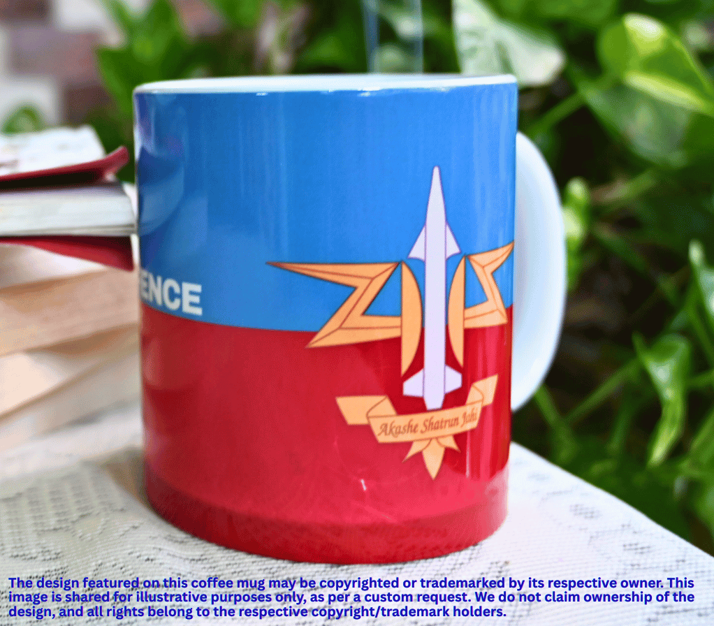 Illustration of custom coffee mug with Army Air Defence logo, Akash Shatru Bhedte text, and flag-inspired background