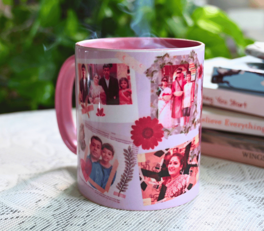 Custom scrapbook collage coffee mug with family photos – personalized design illustration