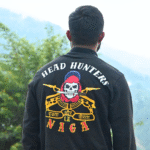 High Neck Black Full Sleeve Cotton Blend T-shirt with Head Hunters Naga Skull and Logo Print