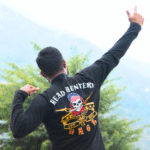 High Neck Black Full Sleeve Cotton Blend T-shirt with Head Hunters Naga Skull and Logo Print